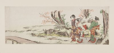 Trzy kobiety oglądające kwiat wiśni (kolorowy drzeworyt) autorstwa Katsushika Hokusai