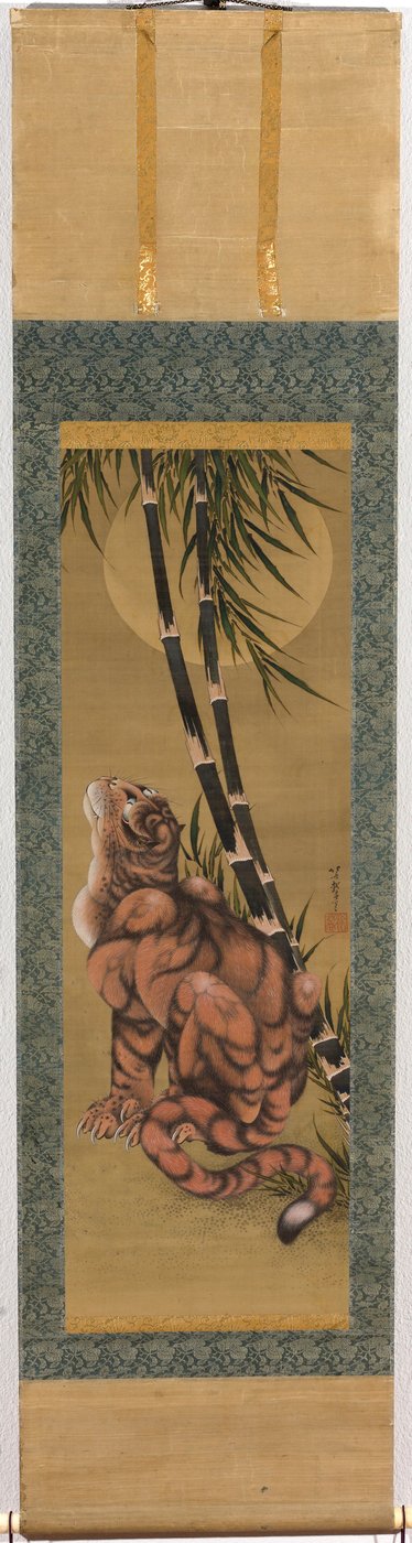Tygrys wśród bambusów patrzący na księżyc w pełni autorstwa Katsushika Hokusai