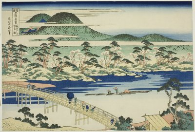 Most Togetsu w Arashiyama w prowincji Yamashiro (Yamashiro Arashiyama no Togetsukyo), z cyklu „Niezwykłe widoki słynnych mostów w różnych prowincjach (Shokoku meikyo kiran)” autorstwa Katsushika Hokusai