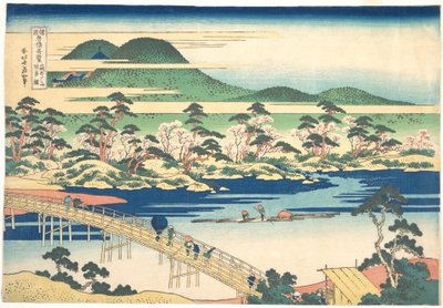 Most Togetsu w Arashiyamie w Yamashiro, z serii „Niezwykłe widoki mostów w różnych prowincjach” (Shokoku meikyō kiran) autorstwa Katsushika Hokusai