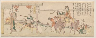 Podróżni przybywający do herbaciarni Echizen-ya autorstwa Katsushika Hokusai