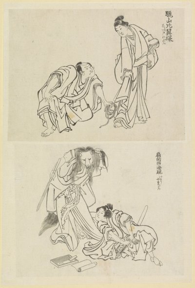 Dwie sceny, jedna z mężczyzną i kobietą, a druga z mężczyzną i lisicą autorstwa Katsushika Hokusai