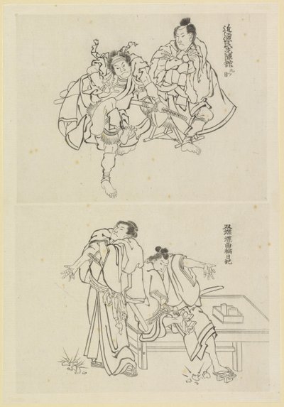 Dwie sceny sceniczne, jedna z dwoma samurajami, a druga z dwiema postaciami przy stole autorstwa Katsushika Hokusai