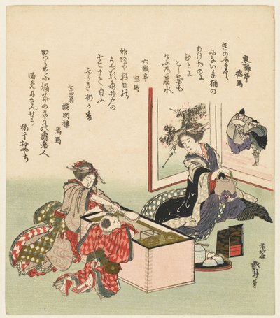 Dwie kobiety i chłopiec siedzący przy piecyku autorstwa Katsushika Hokusai