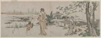 Dwie kobiety i dziecko przy akwarium ze złotą rybką autorstwa Katsushika Hokusai