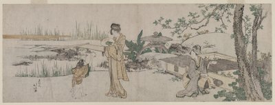 Dwie kobiety i dziecko przy akwarium ze złotą rybką 1800. autorstwa Katsushika Hokusai