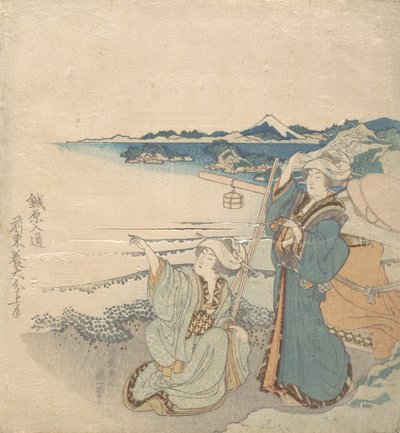 Dwie młode panie na brzegu, jedna wskazująca. autorstwa Katsushika Hokusai