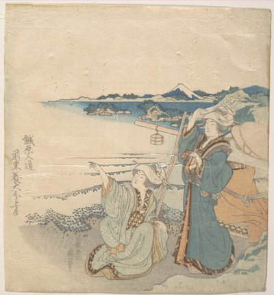 Dwie młode panie na brzegu; jedna z nich wskazuje autorstwa Katsushika Hokusai
