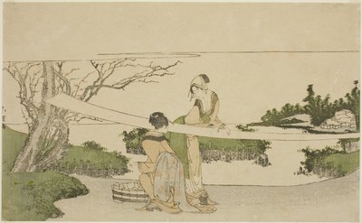 Dwie kobiety rozciągające szmatkę autorstwa Katsushika Hokusai