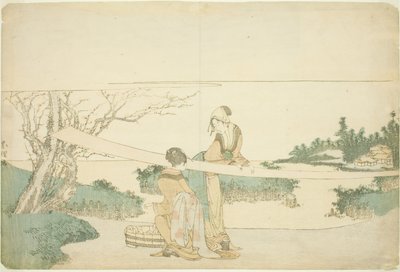 Dwie kobiety rozciągające szmatkę autorstwa Katsushika Hokusai