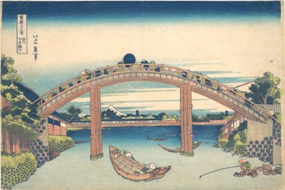 Pod mostem Mannen w Fukagawie (Fukagawa Mannenbashi shita), z cyklu „Trzydzieści sześć widoków góry Fuji” (Fugaku sanjūrokkei) autorstwa Katsushika Hokusai