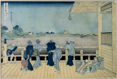 Widok na górę Fuji w Japonii podziwiającą górę Fuji z domu na palach. Seria „” 36 widoków góry Fuji”” Japońska grafika Katsushika Hokusai (1760-1849) 1829-1833 Nd. 36,9x24,8 cm Kolekcja prywatna autorstwa Katsushika Hokusai