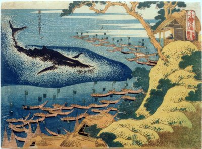Wielorybnictwo na wyspach Gotô autorstwa Katsushika Hokusai
