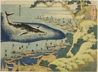 Wielorybnictwo u wybrzeży wysp Goto (Goto kujira tsuki), z serii „Tysiąc obrazów oceanu (Chie no umi)” autorstwa Katsushika Hokusai