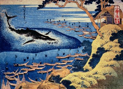Wielorybnictwo na wyspie Goto, z serii „Oceany mądrości” (kolorowy drzeworyt) autorstwa Katsushika Hokusai