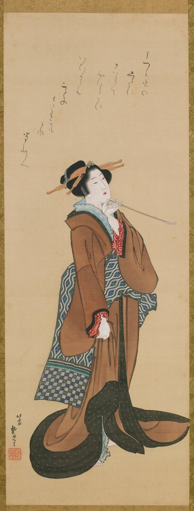 Kobieta trzymająca fajkę tytoniową, ca. 1814-1815. autorstwa Katsushika Hokusai