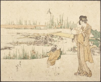 Kobieta i dziecko w ogrodzie; fragment obrazu „Sprzedawca złotych rybek” autorstwa Katsushika Hokusai