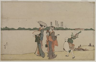 Kobiety i dzieci spacerujące wzdłuż rzeki Sumida autorstwa Katsushika Hokusai
