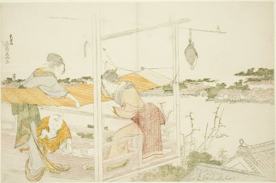 Kobiety na werandzie rozciągające szmatkę do wyschnięcia autorstwa Katsushika Hokusai