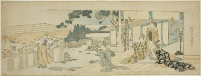 Kobiety na werandzie patrzące na dziewczynę zbierającą kwiaty autorstwa Katsushika Hokusai