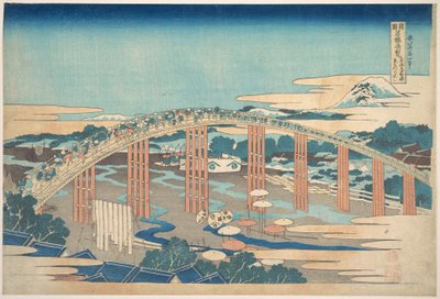 Most Yahagi w Okazaki na trasie Tōkaidō (Tōkaidō Okazaki Yahagi no hashi), z serii „Niezwykłe widoki mostów w różnych prowincjach” (Shokoku meikyō kiran) autorstwa Katsushika Hokusai