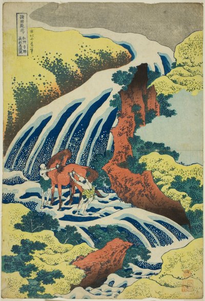 Wodospad do mycia koni Yoshitsune w Yoshino w prowincji Yamato (Washū Yoshino Yoshitsune uma arai no taki), z serii Wycieczka po wodospadach w różnych prowincjach (Shokoku taki meguri) autorstwa Katsushika Hokusai