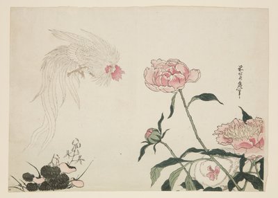 Koguty z długim ogonem wśród kwiatów (kolorowy drzeworyt) autorstwa Katsushika II (fl.1820-50) Taito