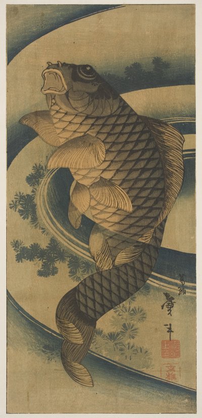 Karp w zawirowaniu wody (drewnodruk) autorstwa Katsushika II Taito