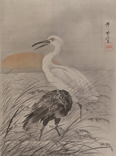 Dźwigi w bagnach, ca. 1887. autorstwa Kawanabe Kyosai