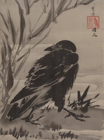 Wrona i trzciny nad strumieniem, ca. 1887. autorstwa Kawanabe Kyosai