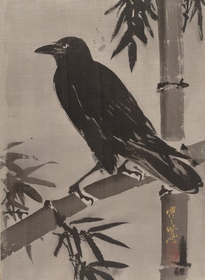 Wrona na gałęzi bambusa, ca. 1887. autorstwa Kawanabe Kyosai