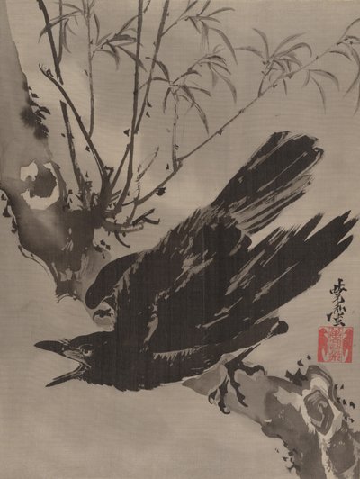 Wrona na gałęzi, ca. 1887. autorstwa Kawanabe Kyosai