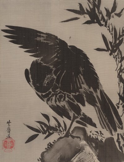 Wrona na skale, ca. 1887. autorstwa Kawanabe Kyosai