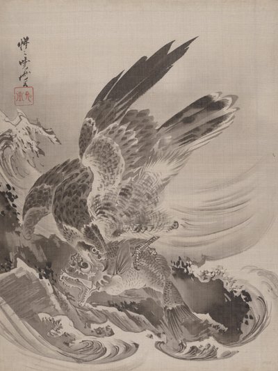 Orzeł atakujący ryby, ca. 1887. autorstwa Kawanabe Kyosai