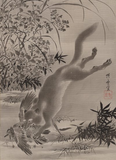 Łowiący lisa ptaka, ca. 1887. autorstwa Kawanabe Kyosai
