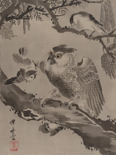 Sowa wyszydzana przez małe ptaki, ca. 1887. autorstwa Kawanabe Kyosai