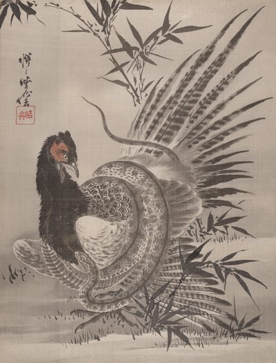 Bażant Złapany przez Węża, ca. 1887. autorstwa Kawanabe Kyosai