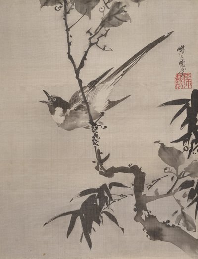 Śpiewający ptak na gałęzi, ca. 1887. autorstwa Kawanabe Kyosai