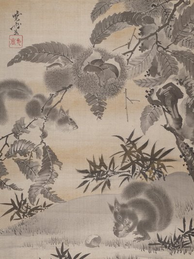 Wiewiórki zbierające kasztany, ca. 1887. autorstwa Kawanabe Kyosai