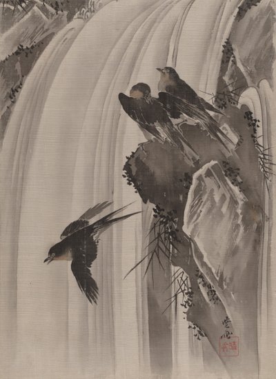 Jaskółki nad Wodospadem, ca. 1887. autorstwa Kawanabe Kyosai