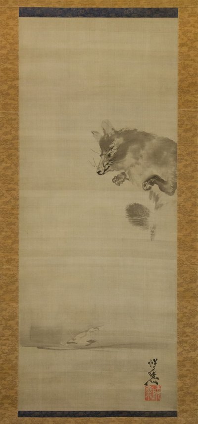 Jenot Tanuki oglądający swoje odbicie w wodzie, koniec XIX wieku. autorstwa Kawanabe Kyosai