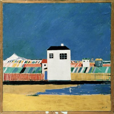 Krajobraz z Białym Domem. Obraz Kazimierza Siewierinowicza Malewicza (Malevich, Malevic) (1878-1935), olej na płótnie, ok. 1930. Sztuka rosyjska, XX wiek, awangarda, suprematyzm, konstruktywizm. Państwowe Muzeum Rosyjskie, autorstwa Kazimir Severinovich Malevich