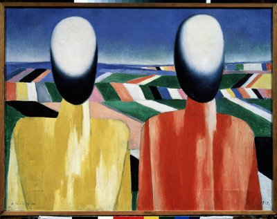 Chłopi (chłopi). Dwie głowy bez twarzy na tle pól uprawnych. Obraz Kazimierza Siewierinowicza Malewicza (Malevich, Malevic) (1878-1935), olej na płótnie, ok. 1930. Sztuka rosyjska, awangarda, XX wiek, suprematyzm. Państwowa Muza Rosyjska autorstwa Kazimir Severinovich Malevich