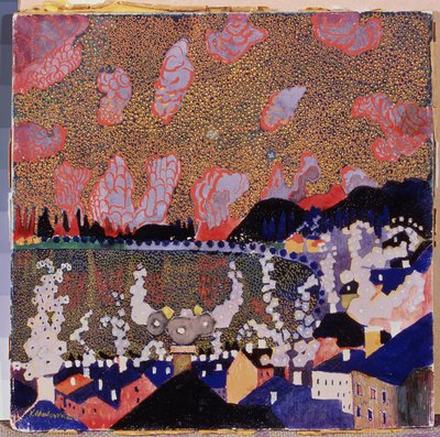 Małe miasto. Obraz Kasimira Severinovicha Malevicha (Malevich, Malevic) (1878-1935), olej na tekturze autorstwa Kazimir Severinovich Malevich