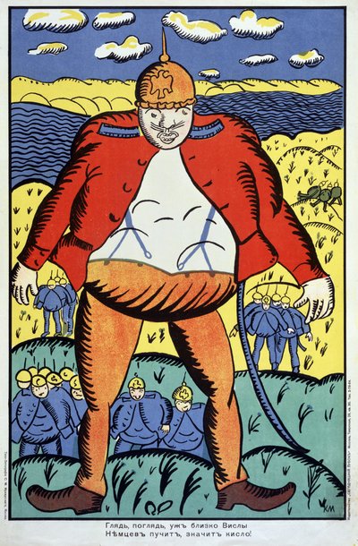 Spójrz, do Wisły niedaleko... (Spójrz, do Wisły niedaleko...). I wojna światowa (1914-1918), gigantyczny niemiecki żołnierz z rozpiętą kurtką i kolczastym hełmem, a za nim reszta jego oddziałów, w Polsce, po konfrontacji cd. autorstwa Kazimir Severinovich Malevich