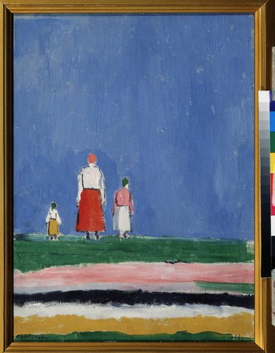 Trzy postacie. Matka z dwójką dzieci, reprezentowana od tyłu. Obraz Kazimierza Siewierinowicza Malewicza (Malevich, Malevic) (1878-1935), olej na płótnie 1913 lub po 1927. Sztuka rosyjska, XX-wieczna awangarda, suprematyzm. Kolekcja p autorstwa Kazimir Severinovich Malevich