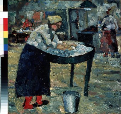 Praczka (Praczka). Na dziedzińcu kobieta pochylona nad podniesioną wanną, zajęta praniem ubrań, u jej stóp metalowe wiadro. W tle inne kobiety wykonujące czynności uzupełniające, podgrzewanie wody, prasowanie. Druk autorstwa Kazimir Severinovich Malevich