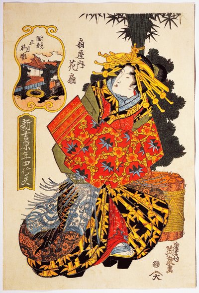 Kurtyzana Hanaogi z domu Ogiya na wiosennej paradzie kurtyzan, ok. 1830, grafika ukiyo-e autorstwa Keisai Eisena (1790-1848), drzeworyt Oban tate-e, 38,5 x 25. 7 cm, cywilizacja japońska, okres Edo autorstwa Keisai Eisen