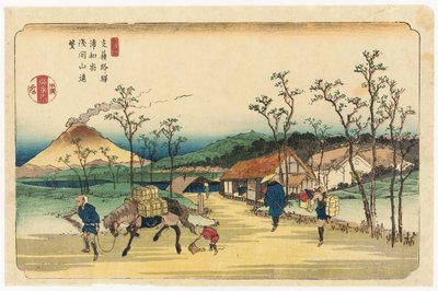 Daleki widok na górę Asama ze stacji Urawa, stacja 4 z serii „Stytations of the Kiso Road” autorstwa Keisai Eisen