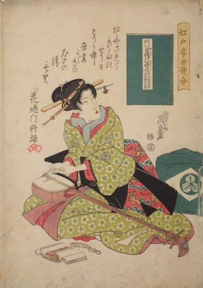 Kobieta zakładająca strunę na shamisen, z serii: Konkurs muzyczny w Edo w grze na shamisenie - Edo ongyoku uta-awase autorstwa Keisai Eisen